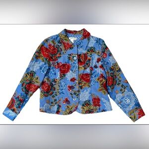 Coldwater Creek Blue Floral Linen Jacket L Button Front Cottagecore Prarie